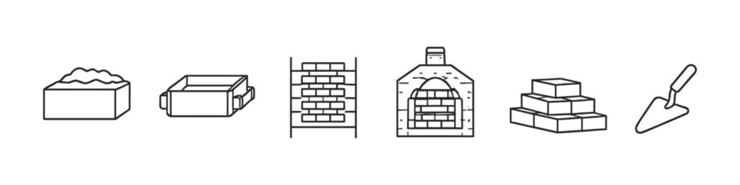 Collection of line art icons representing bricklaying and construction elements