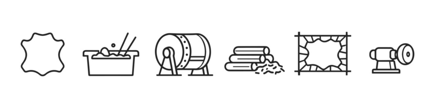 Leather production process icons showing raw materials and machinery