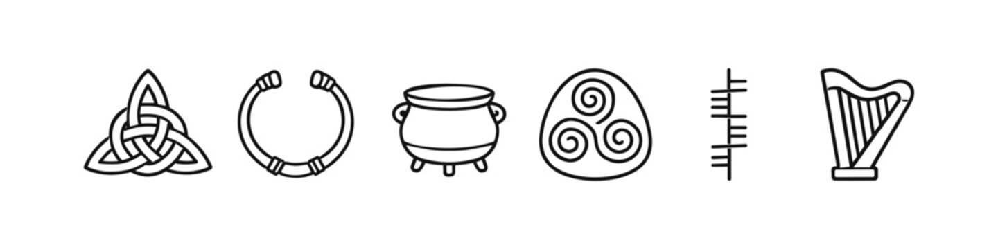 Collection of ancient Celtic symbols and artifacts in a simple line art style