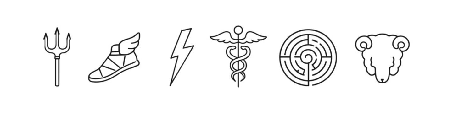 Collection of Greek mythology symbols including trident, winged shoe, lightning bolt, and maze