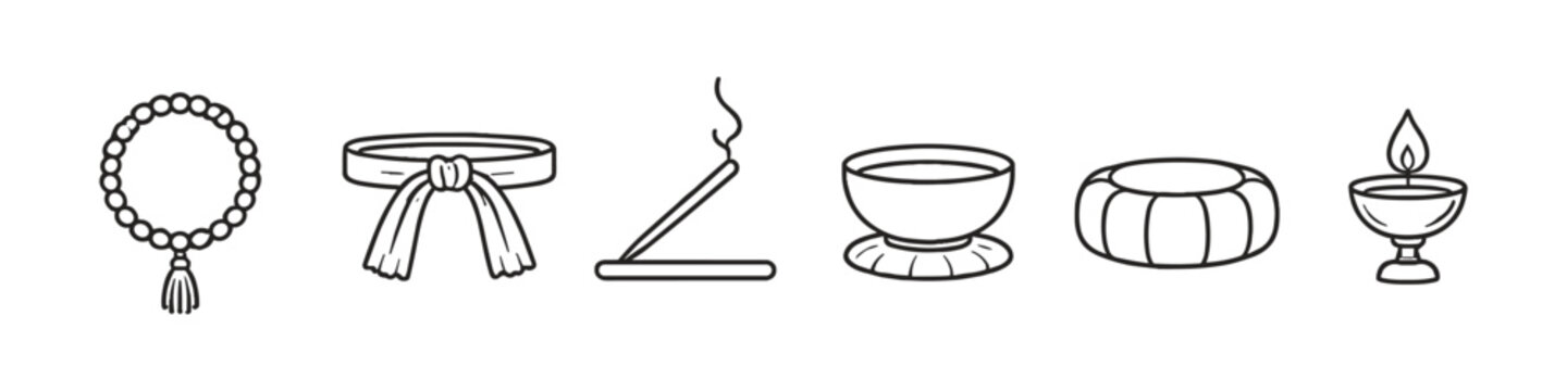 Collection of Buddhist ritual objects and symbols in a line drawing style