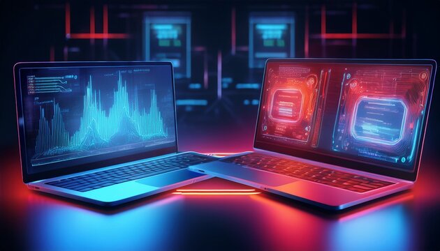 laptops in blue and red neon like ab test split testing interface