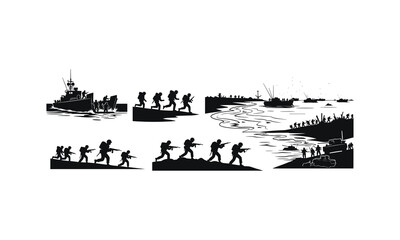 Naklejka premium Silhouette series of soldiers in amphibious assault and beach landing operations