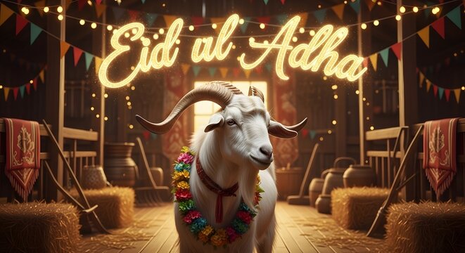 Goat decorated with flowers welcomes Eid al Adha celebrations festive barn setting.