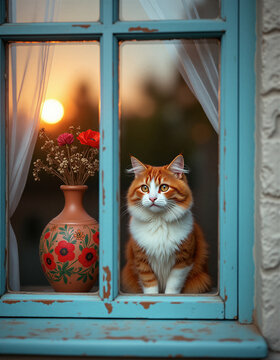 ginger cat, fluffy cat, red poppies, ceramic vase, vintage window, rustic style, sunset, golden hour, home comfort, cozy atmosphere, window sill, tranquility, country house, floral pattern, white curt