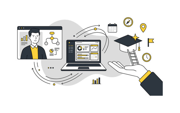 Modern flat illustration of online learning and career advancement