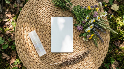 Blank tarot card for mockup template on wicker surface with selenite crystal, wildflowers bouquet and feather, boho spiritual flat lay © Iryna