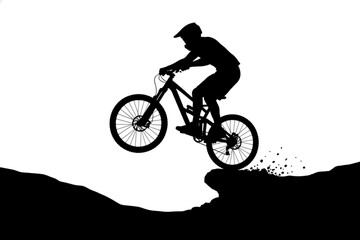 Silhouette of Adventure: A daring silhouette fearlessly rides a mountain bike off a cliff edge, embodying the spirit of adrenaline and the thrill of the ride. © MetaPixel Studio
