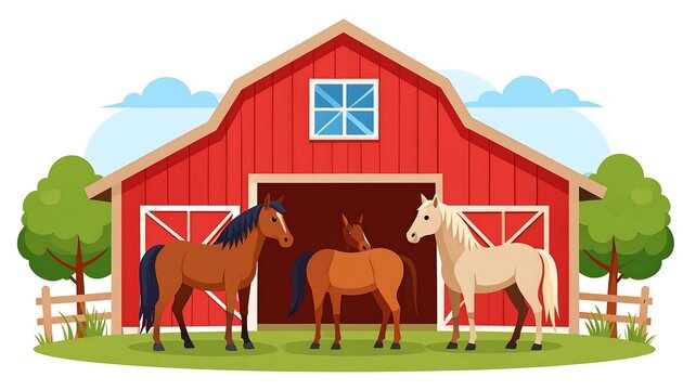Horses Standing in Front of a Red Barn on a Farm.