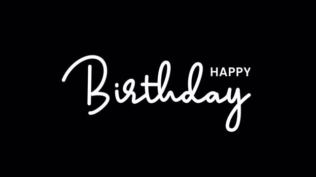 Happy Birthday text animation in white color with alpha channel, great for celebrations and greeting cards.