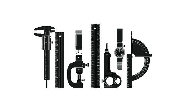 Assorted precision measuring and drawing tools arranged to form a letter p.