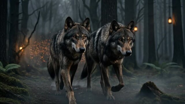 Wolves walking through dark mystical forest with glowing lanterns and magical fireflies in eerie night atmosphere