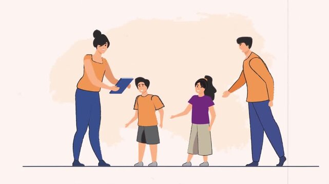 Happy family with parents and children standing together, bonding and parenting concept