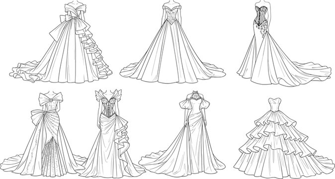 Collection of Seven Different Bridal Wedding Gown Vector Illustrations Featuring Various Silhouettes Long Trains Ruffles and Elegant Fashion Design Sketches
