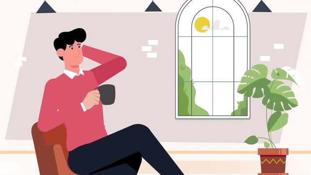 Man sitting and thinking indoors near window, contemplation and mental state concept