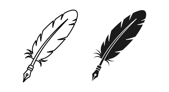 Quill pen, feather, black and white vector icons, illustration set