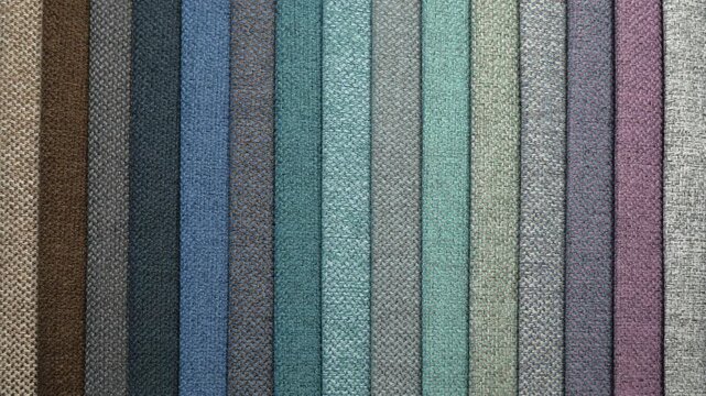 A variety of fabrics in different colors, photographed close-up in a store or factory. Samples of multicolored fabrics.