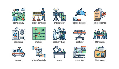 Obraz premium Forensic investigation process icons including survey, evidence collection, analysis, reporting