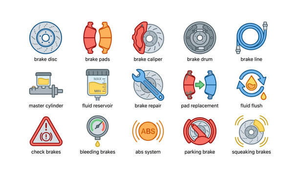 Automotive brake system components and maintenance icons set