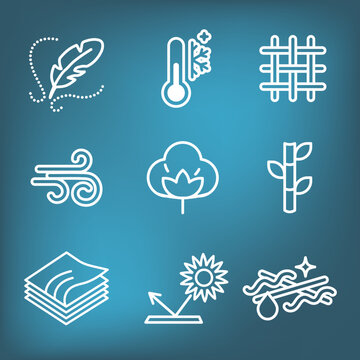 Fabric Features Icon Set with Moisture Wicking - Cotton - Bamboo - Wind Resistance