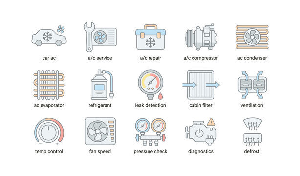 Car ac service icons: repair, compressor, condenser, leak detection