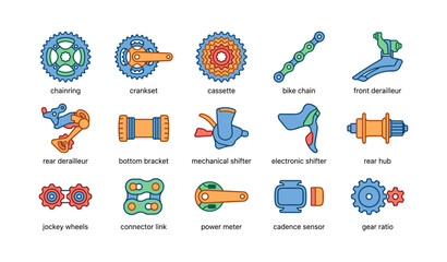 Naklejka premium Colorful bicycle components illustration with chainring and derailleurs