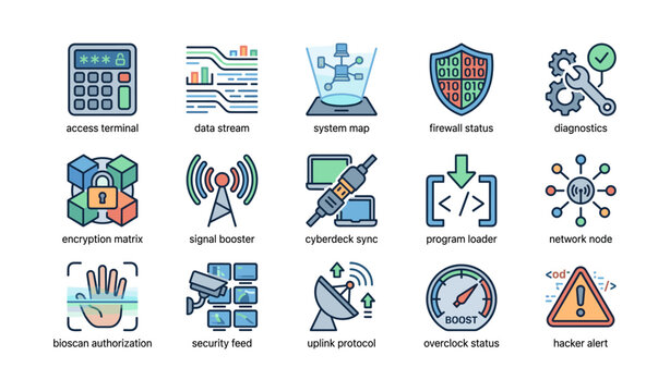 Collection of modern cybersecurity and network technology icons