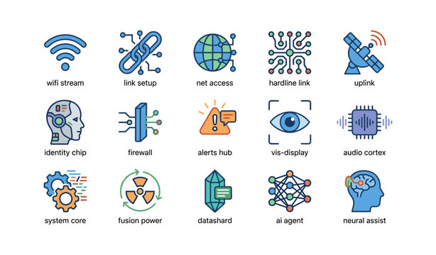 Technology icons featuring networking, security, and ai elements