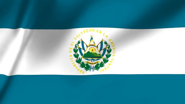 El Salvador national flag waving with emblem and blue white horizontal stripes and green laurel leaves  Central American country symbol