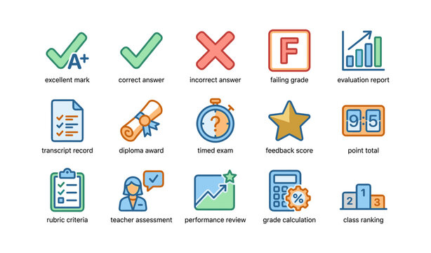 Academic icons set featuring grades, evaluation, diploma, and performance metrics