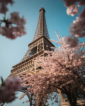 Eiffel Tower framed by blooming cherry blossoms in spring sunlight