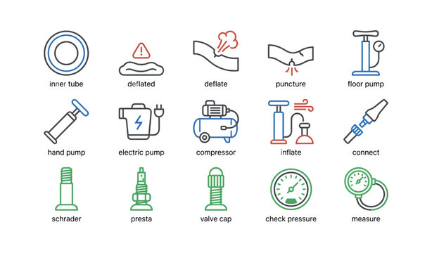 Bicycle tire icons: pump, tube, compressor, gauge, puncture warning symbols