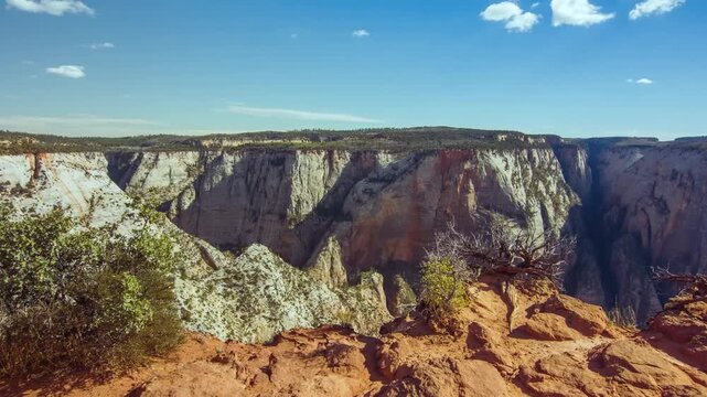 Footage showcasing the stunning panoramic view of Zion Canyon from the top of Observation Point, a narrow promontory at an elevation of 6,508 feet. The view overlooks famous landmarks such as the Grea