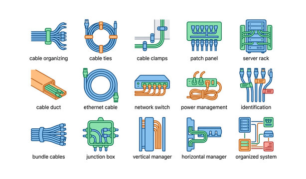 Network cable management icons: organizing solutions for efficient systems