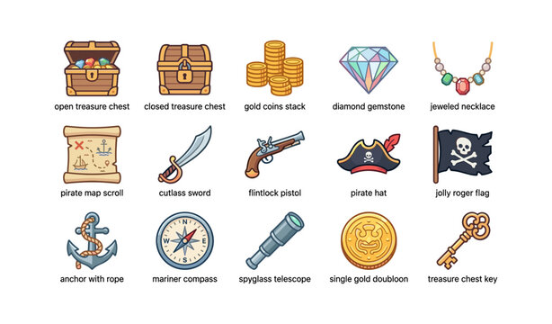 Pirate adventure icons: treasure, map, sword, pistol, gemstone, flag, hat, compass