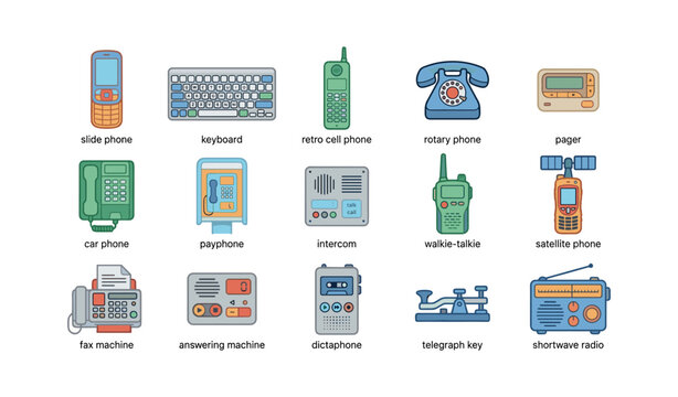 Vintage networking devices: rotary phone, fax machine, intercom, and more icon set