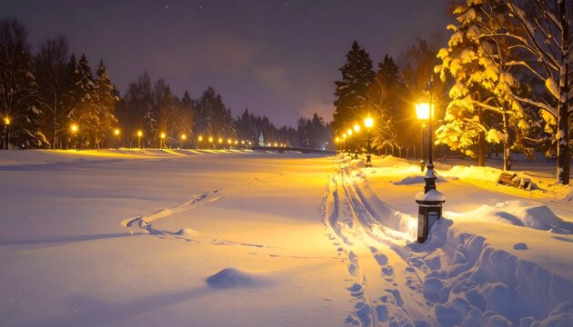 Snowy park landscape at night