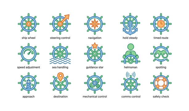 Nautical icons set featuring ship wheels and control elements