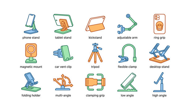 Various device holders and stands illustrated in colorful designs