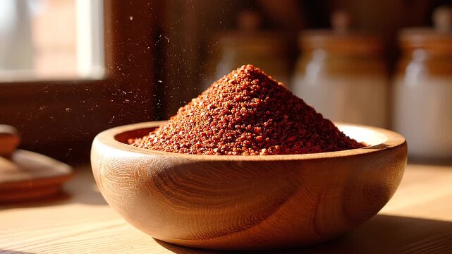 Close-up shot of a generous heap of rich red ground sumac spice piled in a handcrafted wooden bowl on a rustic kitchen table, illuminated by warm natural sunlight with dust particles.