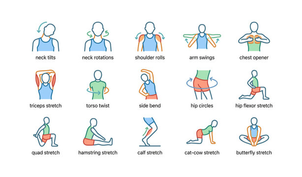 Illustrated guide to stretching exercises with neck rolls and hip circles