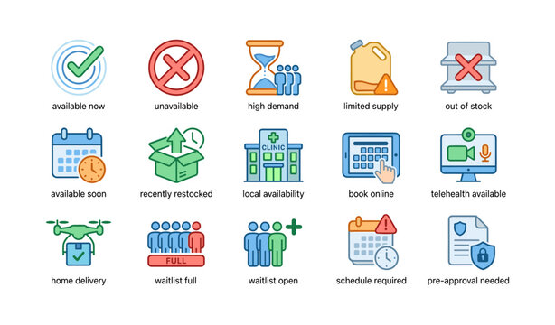 Colorful icons representing availability and delivery status in retail and healthcare