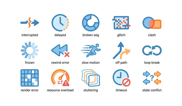 Icon set depicting various digital errors and issues with symbols and colors