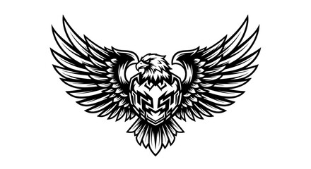 Fototapeta premium Stylized eagle emblem design with wings spread and shield in black and white