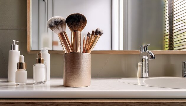beautiful minimalist bathroom counter with a container of makeup brushes and a mirror interior design beauty and home concepts