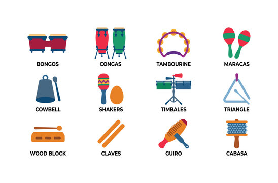 Collection of colorful percussion instruments for musical education and rhythm
