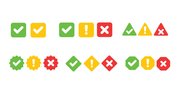 Set of colorful checkmark, warning, and cross icons, exclamation mark, UI element, web icon, app icon