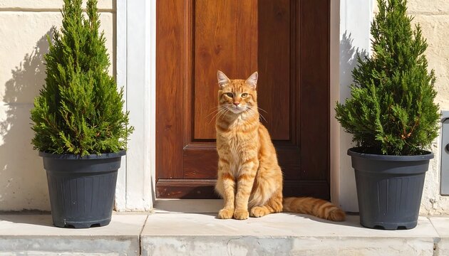 Orange Tabby Cat Sitting in Front of a Wooden Door.