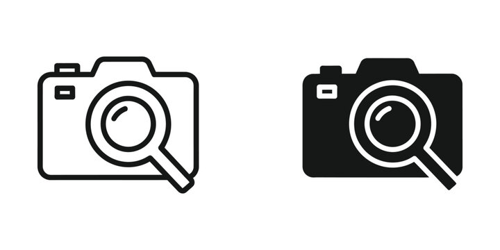 Two camera icons under a magnifying glass for detailed inspection or search functionality