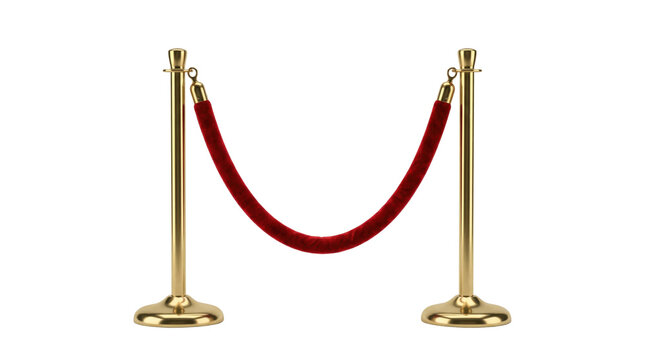 Golden stanchions with red velvet rope isolated. VIP entrance mockup.